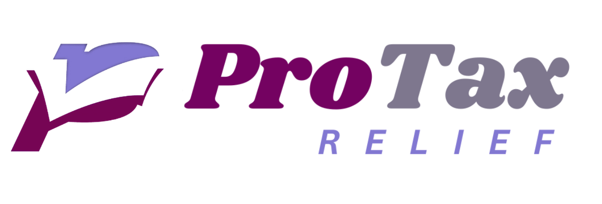 ProTax Relief logo featuring a maroon and purple leaf design with bold text emphasizing professional tax relief and tax resolution services for individuals and businesses